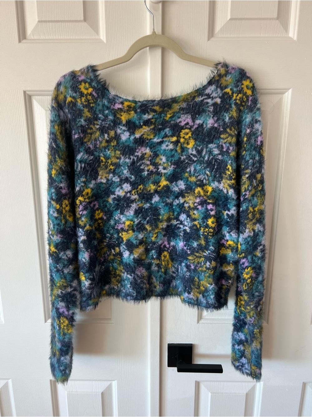 Pilcro Off-the-Shoulder Fuzzy Floral Sweater - Blue Multi. Size M - Picture 5 of 11